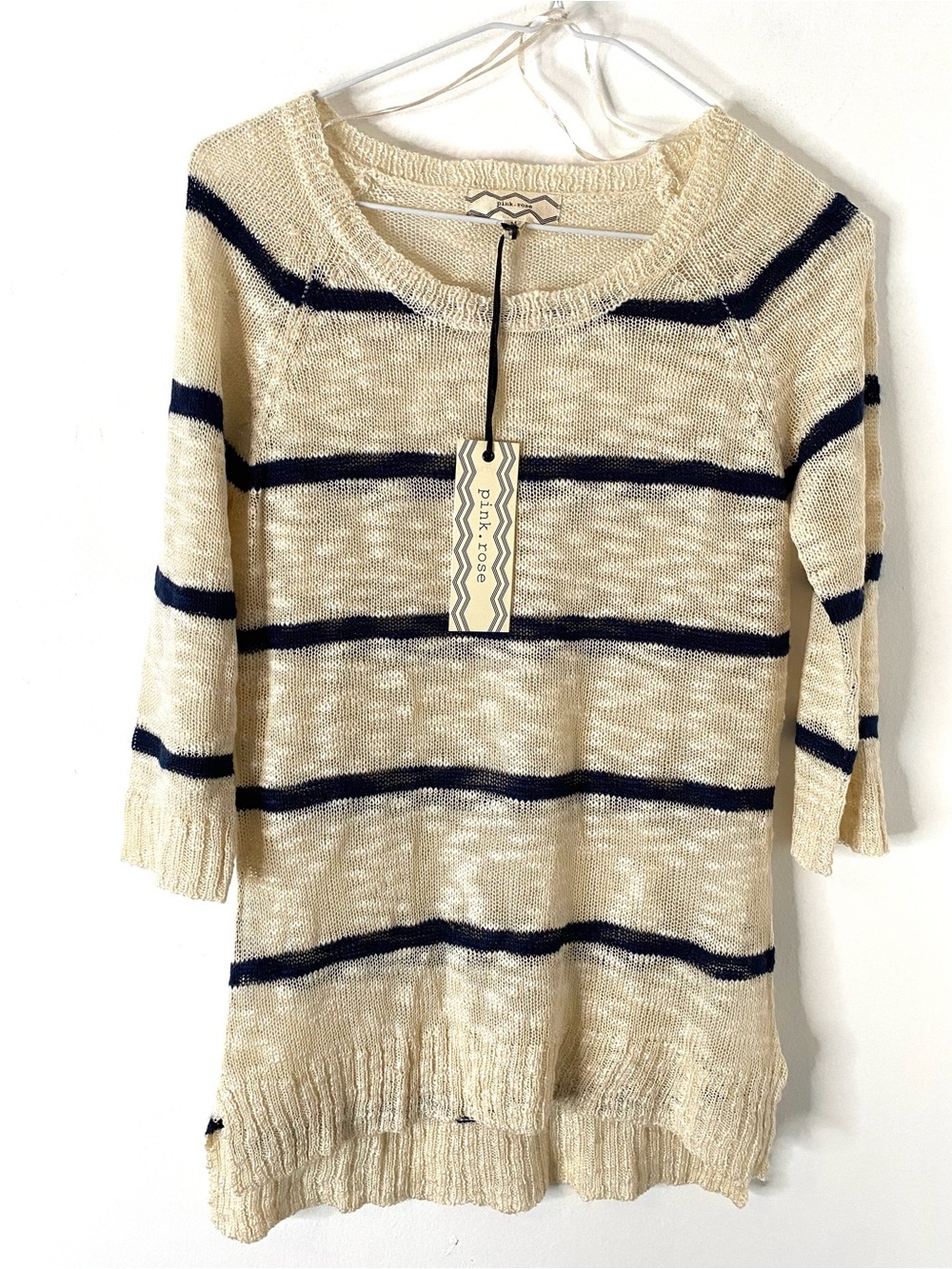 Pink Rose Oatmeal Navy Striped Open Knit Nautical Sweater Tunic NWT